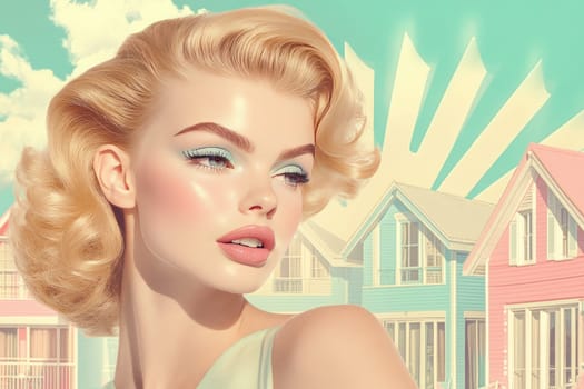 A glamorous blonde with bouncy retro curls turns elegantly, framed by soft pastel beach houses and a vintage sunburst graphic. The nostalgic setting evokes a sense of summer charm and style.