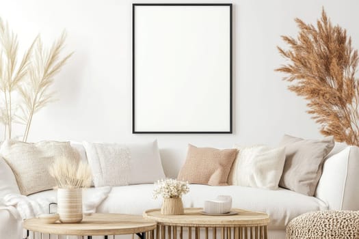 A minimalist living room features a cozy sofa adorned with neutral-toned cushions. Above it, a sleek black frame contains a blank poster, offering a perfect space for personalized design.