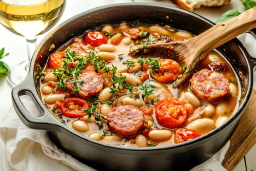A rustic Dutch oven showcases a hearty combination of slow-simmered white beans, juicy cherry tomatoes, and slices of farm-style sausage. Aromatic herbs enhance this inviting dish.