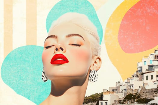 A glamorous blonde tilts her head upward, showcasing red lips and a confident expression. The backdrop features abstract pastel shapes and a faded coastal town, evoking a vintage summer feel.