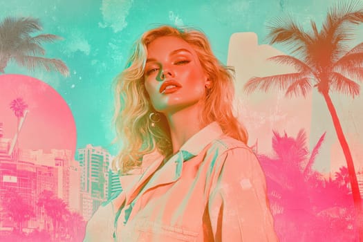A glamorous blonde poses elegantly in soft afternoon light, surrounded by stylized palm trees and a vintage cityscape, creating a sophisticated retro atmosphere filled with warmth.