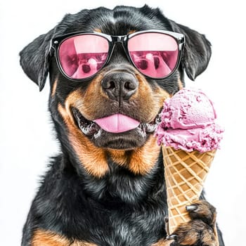 A stylish Rottweiler stands confidently, sporting sleek sunglasses and holding an ice cream cone. This front-facing, powerful canine radiates charm against a minimalist white background.