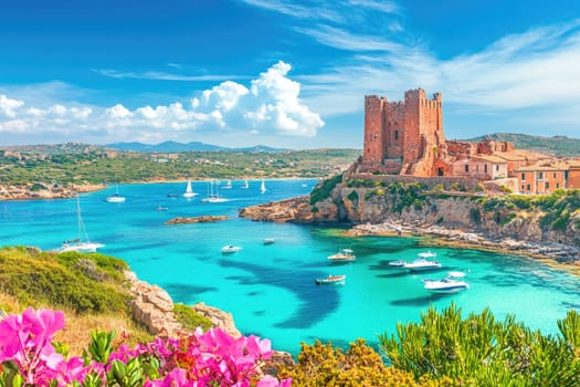A vibrant coastal landscape in Sardinia showcases ancient Nuragic ruins against a backdrop of turquoise water and sailboats.