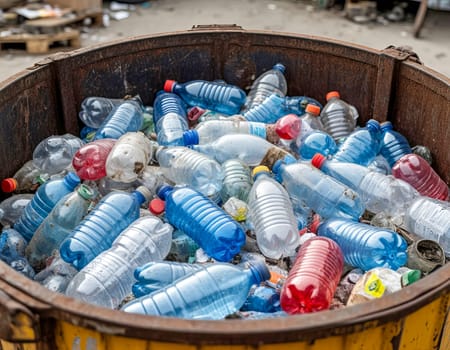 A recycling bin overflowing with plastic bottles highlights waste and recycling issues. Importance of sustainable waste management. AI generated.