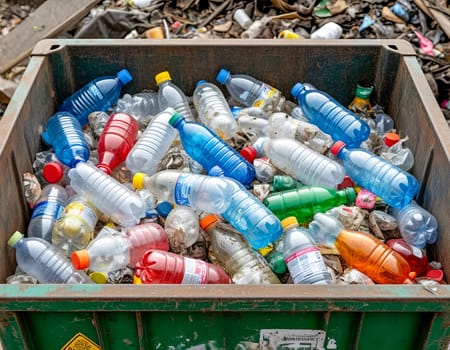 A recycling bin overflowing with plastic bottles highlights waste and recycling issues. Importance of sustainable waste management. AI generated.
