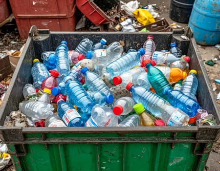 A recycling bin overflowing with plastic bottles highlights waste and recycling issues. Importance of sustainable waste management. AI generated.