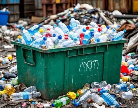 A recycling bin overflowing with plastic bottles highlights waste and recycling issues. Importance of sustainable waste management. AI generated.
