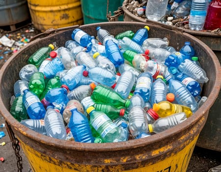 A recycling bin overflowing with plastic bottles highlights waste and recycling issues. Importance of sustainable waste management. AI generated.