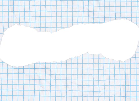 Piece of paper with a light blue grid pattern and a large, torn hole in the center. The paper has a slightly crumpled texture, torn edges are ragged.
