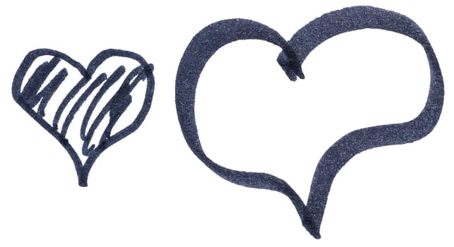 Two hearts drawn with black marker on isolated background