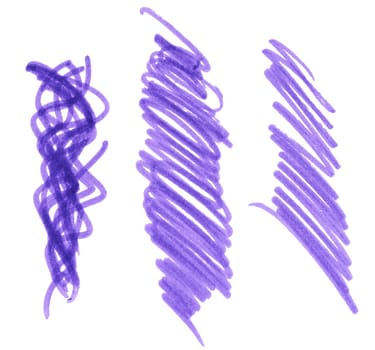 Purple marker strokes on a white background. The strokes vary in shape and style, from scribbles to lines. 