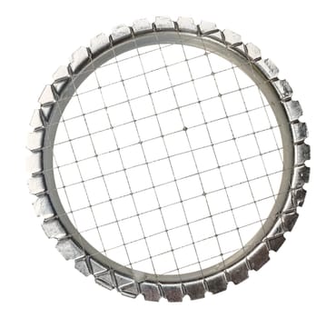 A close-up metal egg slicer with a grid of thin wires, isolated  background. The slicer has a round shape with a serrated edge
