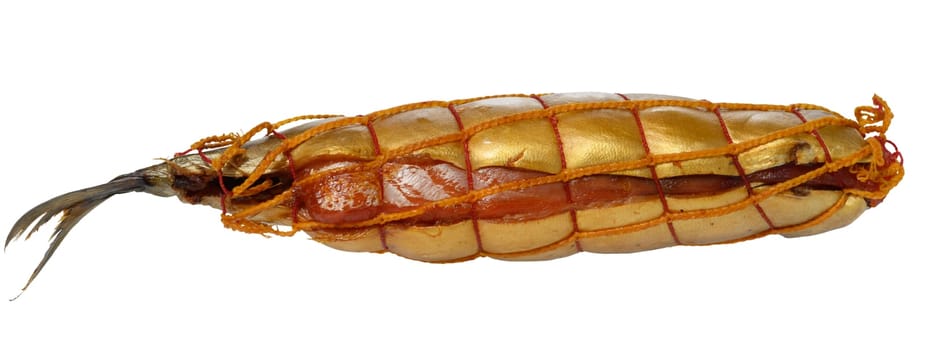 Whole smoked mackerel wrapped with rope on isolated background