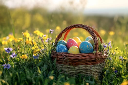 Wicker basket with colored eggs in a field with daisies for Easter