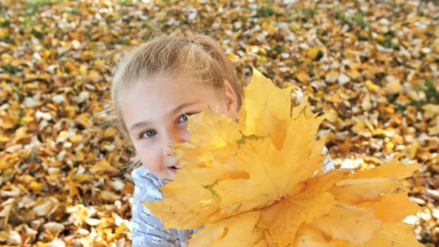 Smiling teen girl posing with autumn leaves