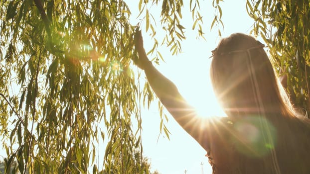 Girl spreads willow branches in the sun
