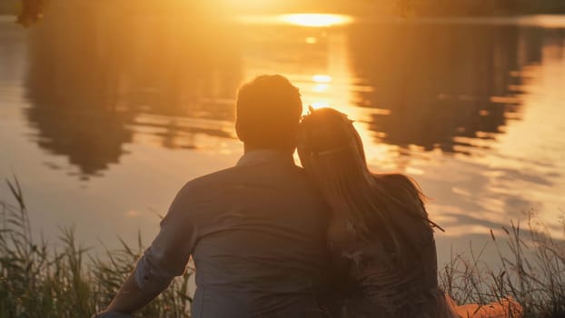 A young couple sits on a lake at sunset