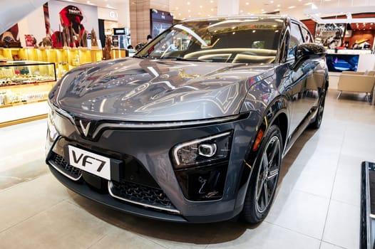 New modern Vietnamese electric car Vinfast VF7 at the automobile exhibition in Vietnam. Nha Trang, Vietnam - April 01, 2025