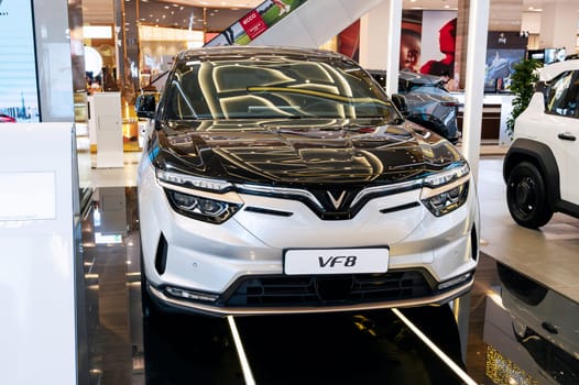 New modern Vietnamese electric car Vinfast VF8 at the automobile exhibition Vingroup in Vietnam