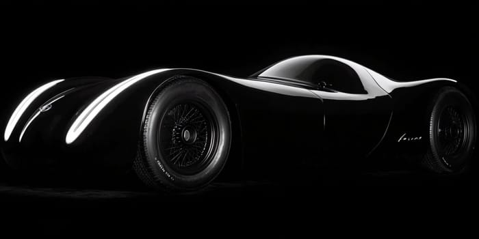 Sleek black vintage car shines in a dark studio, reflecting light and exuding luxury and power with its polished chrome details and clean lines