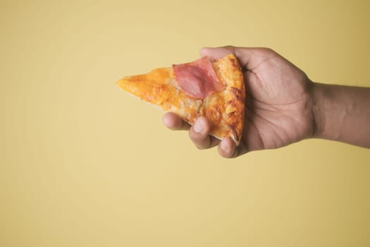 A hand holds a slice of pizza topped with cheese and ham on a yellow background.