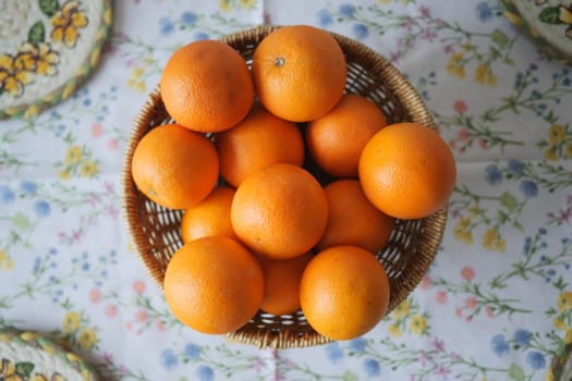 A basket filled with vibrant oranges rests on a colorful tablecloth.