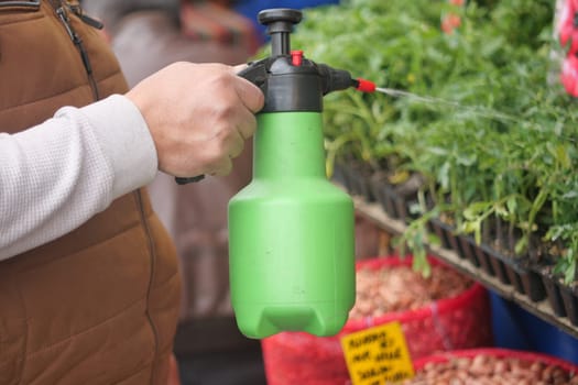 A person uses a green handheld sprayer to water plants at a market.
