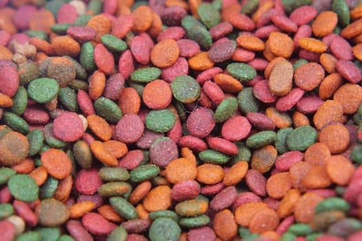 A close-up view of a colorful mix of pet food kibbles scattered together.