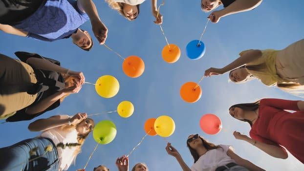 A group of friends release colorful balloons into the sky
