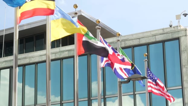 New York City, United States - 12 Sept 2023: United Nations UN Headquarters, Manhattan Midtown, USA. Diplomatic political international organization. Flags row for General Assembly conference session.