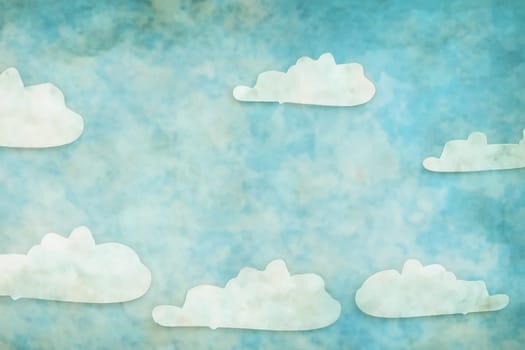 beautiful fluffy clouds and light blue sky on grunge paper texture