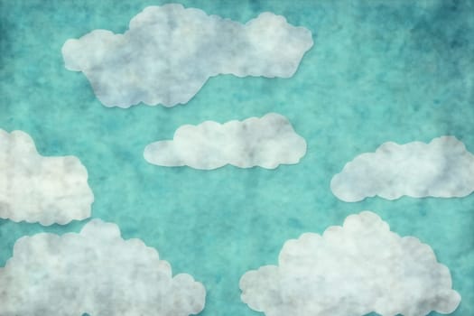 beautiful fluffy clouds and light blue sky on grunge paper texture