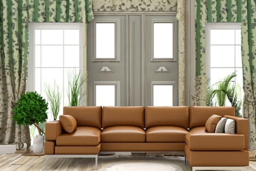 retro eclectic design of vibrant interior living room with movable sofa