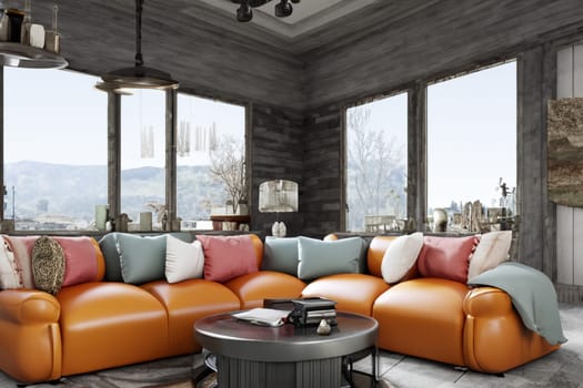 retro eclectic design of vibrant interior living room with movable sofa