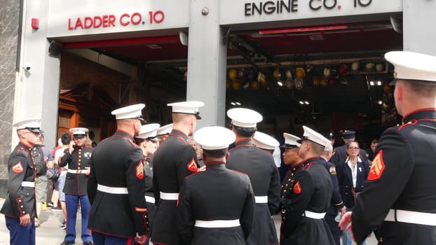 New York City, United States - 11 September 2023: Firefighters celebrate Patriot Day. 911 memorial remembrance event, FDNY commemorate anniversary. Fire Department Station, Manhattan 10 Ten Firehouse.
