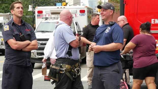 New York City, United States - 11 September 2023: Firefighters celebrate Patriot Day. 911 memorial remembrance event, FDNY commemorate anniversary. Fire Department Station, Manhattan 10 Ten Firehouse.