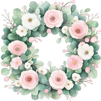 A delicate wreath features soft pink and white roses along with small blooms and lush green leaves. The arrangement creates a vibrant, natural appearance, suitable for various decorative uses.