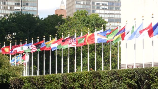 New York City, United States - 12 Sept 2023: United Nations UN Headquarters, Manhattan Midtown, USA. Diplomatic political international organization. Flags row for General Assembly conference session.
