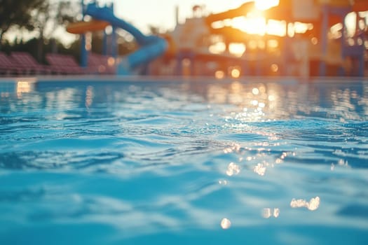 Close up of crystal clear swimming pool water with water park in the background. Summer vacation