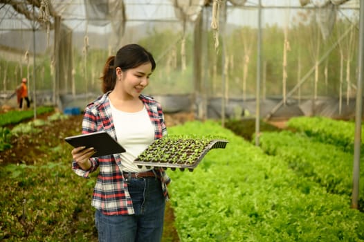 Young female farmer holding digital tablet and checking vegetable seedlings in a greenhouse.