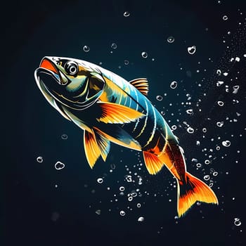 A brightly colored fish glides through deep water, showcasing its iridescent scales while bubbles rise around it.