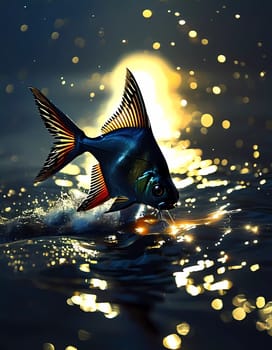 A vibrant fish leaps from the water, creating splashes as it catches the warm, golden light of sunset. The surrounding surface glimmers with enchanting bokeh highlights.
