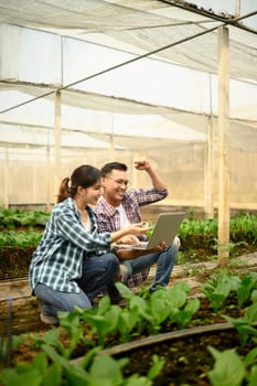 Successful farmers looking at laptop and celebrating in their agricultural achievements.