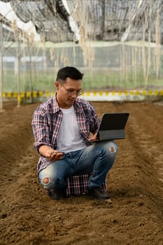 Agronomist using digital tablet and assessing soil conditions in a prepared greenhouse plot.