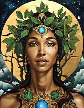A stunning representation of Gaia, the goddess of earth, adorned with lush leaves and jewels, captures the harmony between humanity and nature while stars twinkle overhead.