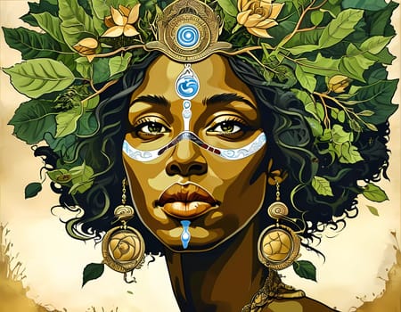 In a serene landscape, Gaia, the embodiment of earth's essence, showcases her connection to nature, adorned with flowers and rich foliage, symbolizing life and renewal.