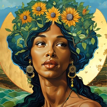 Gaia stands gracefully, her hair intertwined with lush sunflowers and greenery, symbolizing the bounty of nature.
