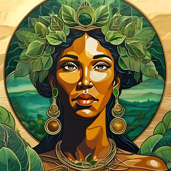 This artwork showcases Gaia, the goddess of earth, adorned with leaves and jewels, radiating harmony and strength in a serene landscape, as nature awakens.