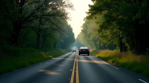 A car cruises down a scenic road lined with blooming trees. The clear morning sky and fresh greenery make the drive peaceful and refreshing. The sunlight reflects off the car, adding a touch of warmth to the beautiful spring landscape. High quality photo