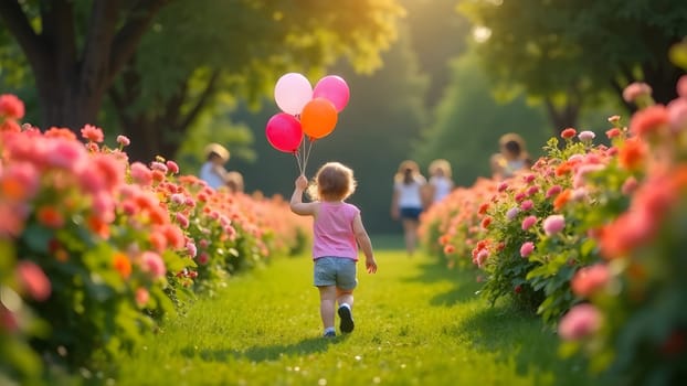 A cheerful child runs through a blooming garden, holding a bright balloon. The colorful flowers and fresh greenery surround them, creating a magical and joyful spring scene. The laughter and excitement of childhood fill the air. High quality photo